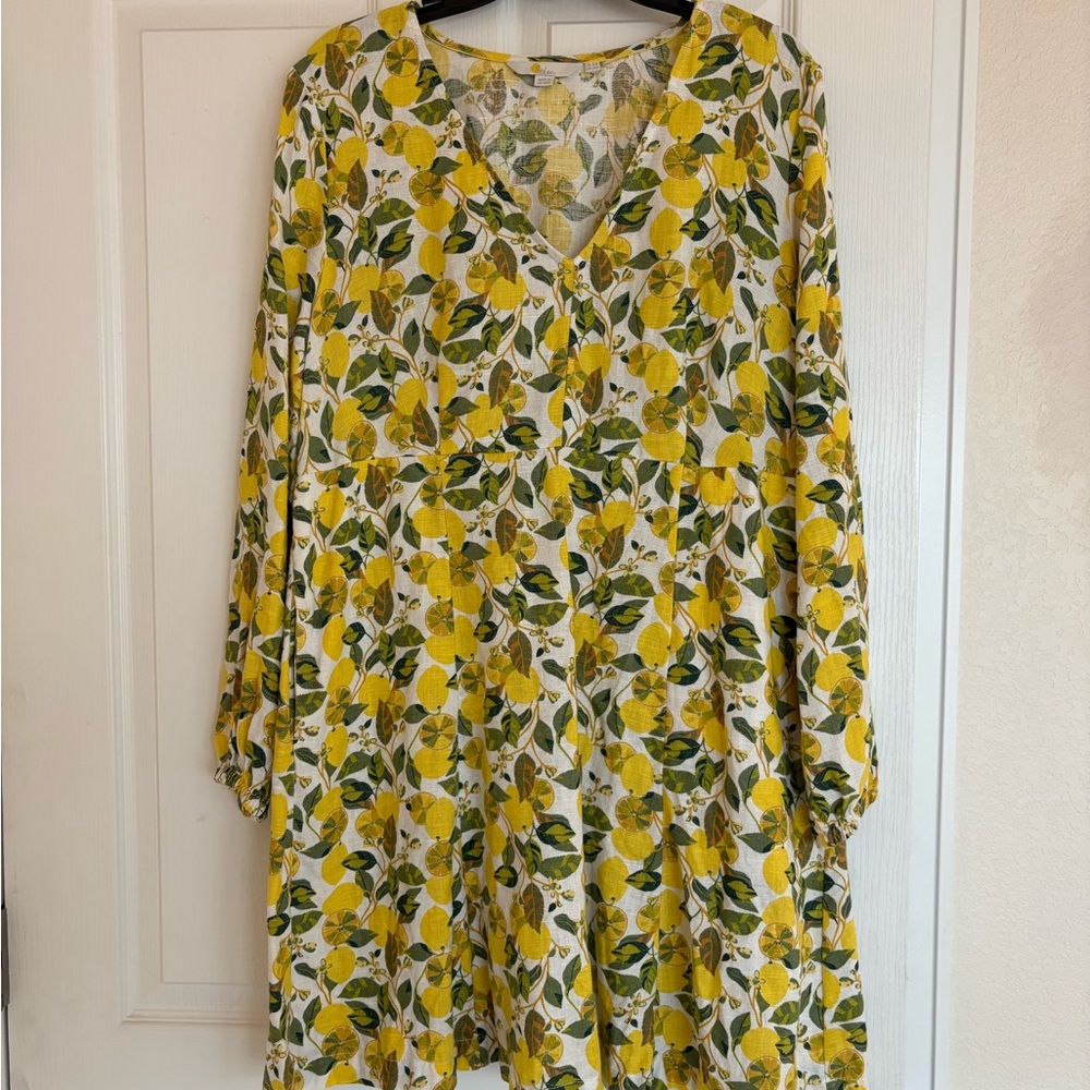 Boden Yellow and Green Floral Long Sleeve Linen Dress